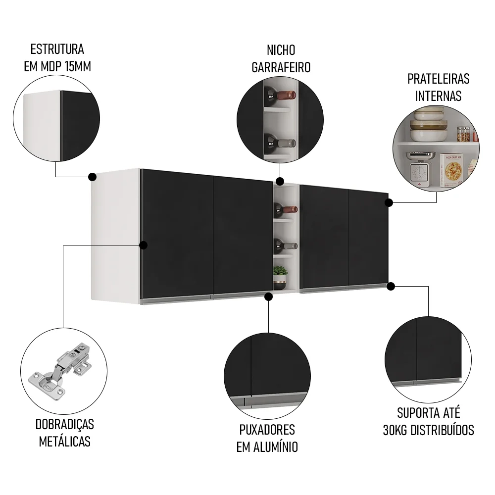 Armário de Cozinha Aéreo Califórnia 180cm Kit 2 com Nicho Adega Branco/Preto - Lumil