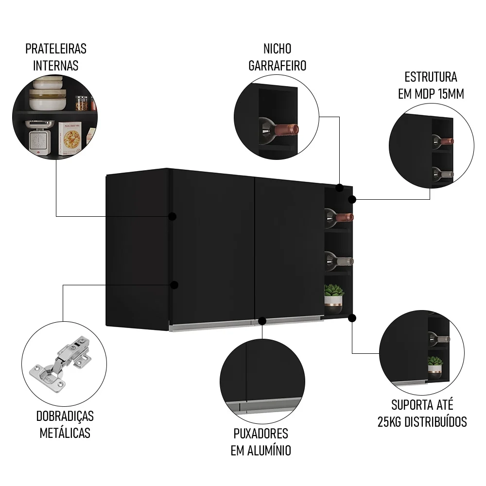 Armário de Cozinha Aéreo Califórnia 100cm e Nicho Garrafeiro Preto - Lumil