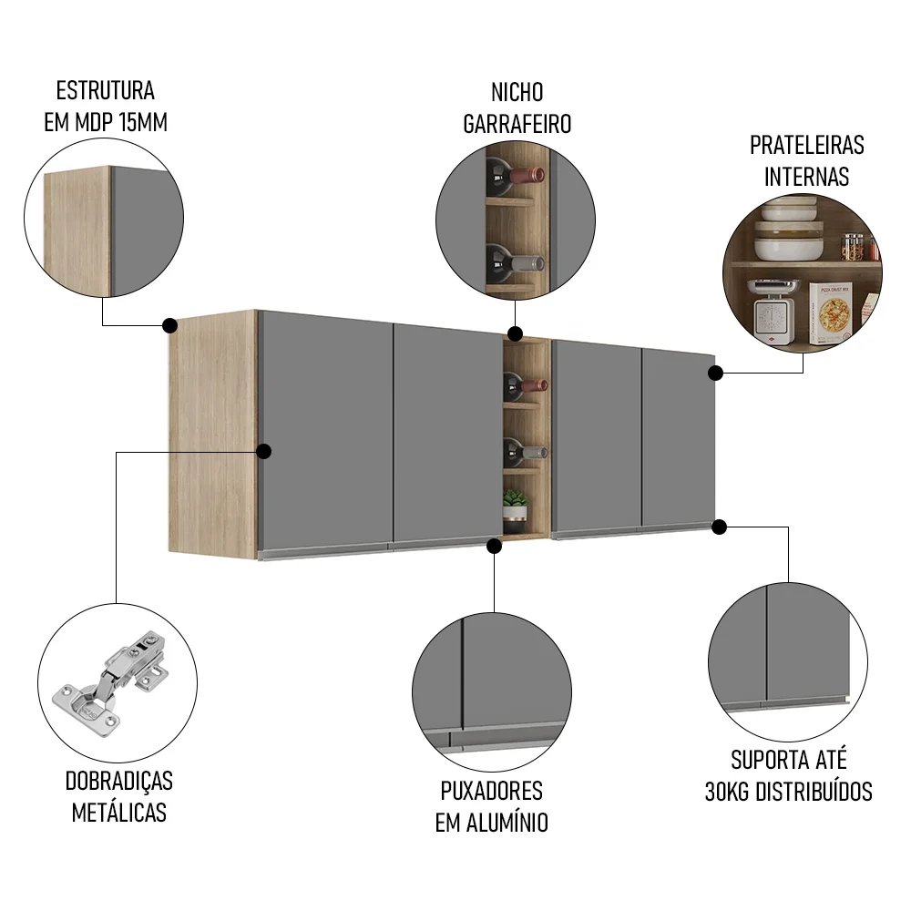 Armário de Cozinha Aéreo Califórnia 180cm Kit 2 com Nicho Adega Castanho/Cinza - Lumil