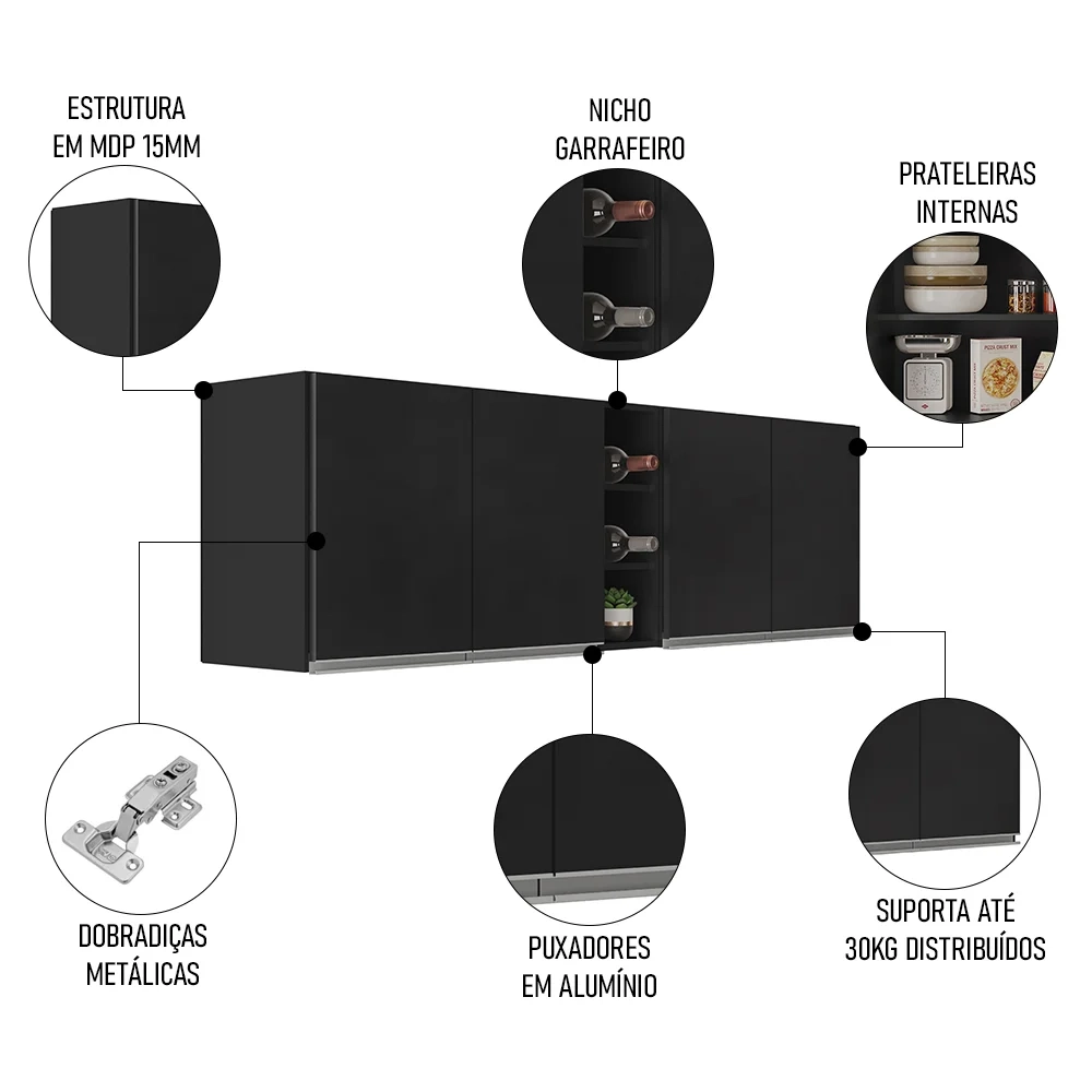 Armário de Cozinha Aéreo Califórnia 180cm Kit 2 com Nicho Adega Preto - Lumil