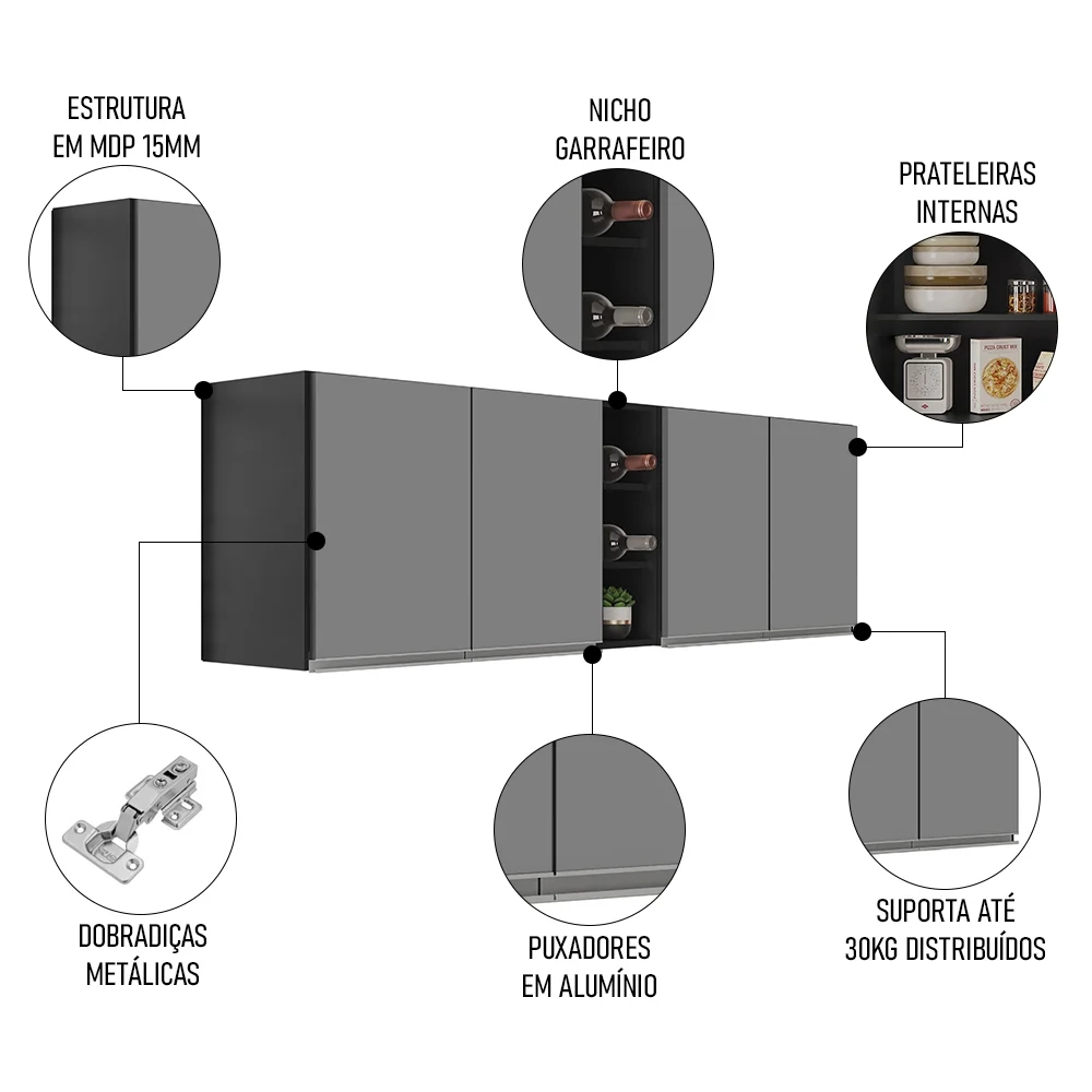 Armário de Cozinha Aéreo Califórnia 180cm Kit 2 com Nicho Adega Preto/Cinza - Lumil