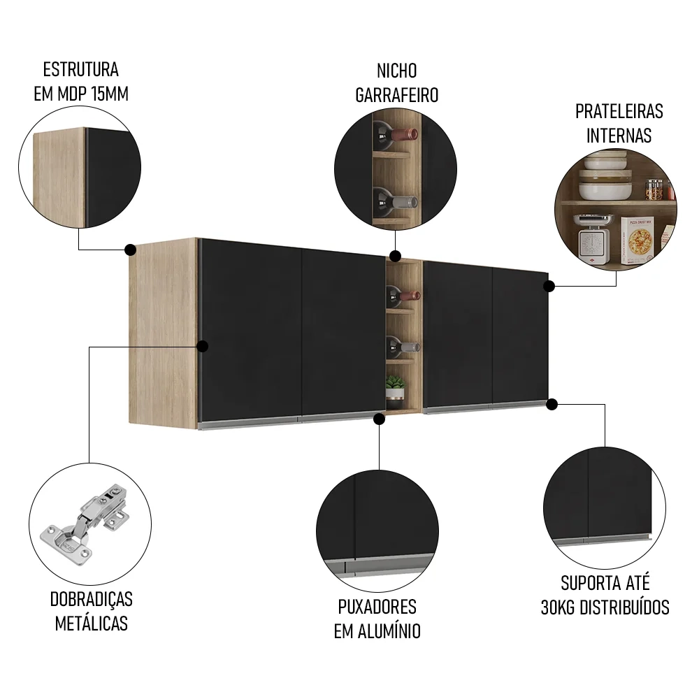 Armário de Cozinha Aéreo Califórnia 180cm Kit 2 com Nicho Adega Castanho/Preto - Lumil