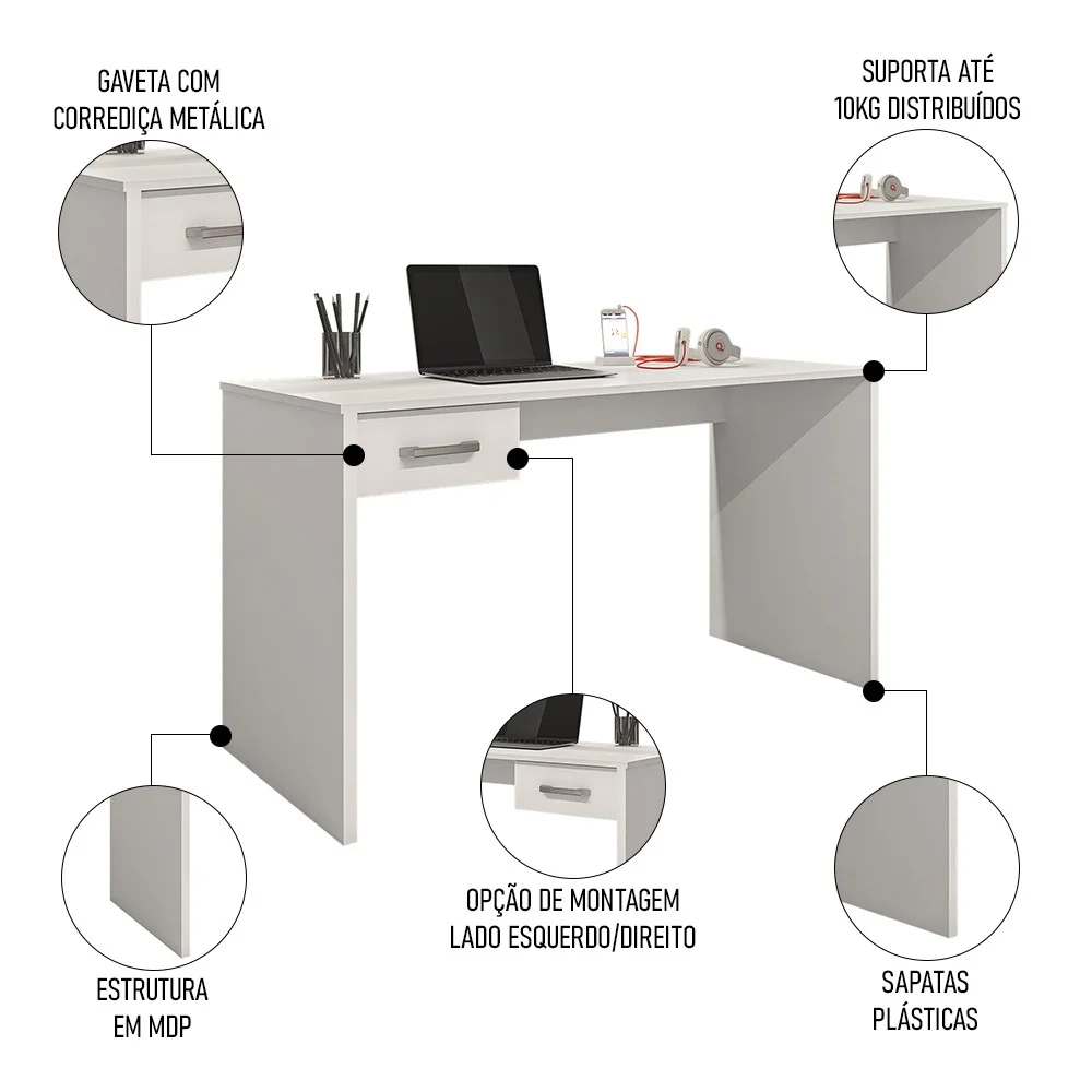 Mesa Home Office Notebook 127cm 1 Gaveta Gávea Branco - Móveis Leão