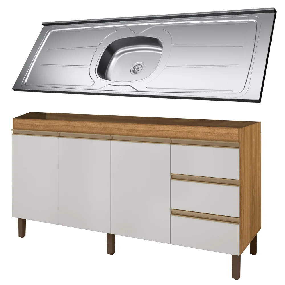 Balcão Gabinete Com Pia 160cm 3 Portas Karen Z49 Nature/Off White - Mpozenato