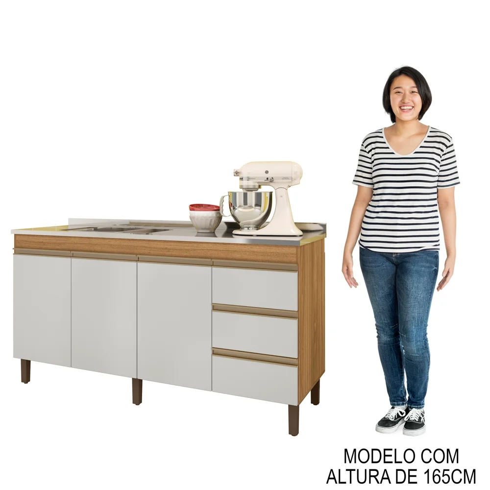 Balcão Gabinete Com Pia 160cm 3 Portas Karen Z49 Nature/Off White - Mpozenato