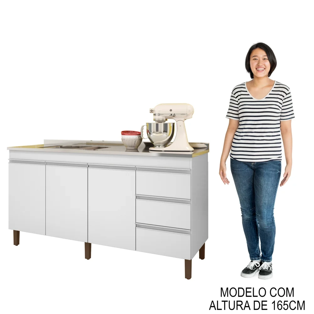 Balcão Gabinete Com Pia 160cm 3 Portas Karen Z49 Branco - Mpozenato