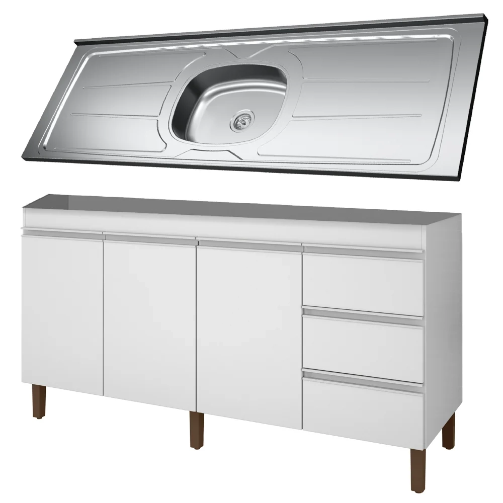 Balcão Gabinete Com Pia 160cm 3 Portas Karen Z49 Branco - Mpozenato