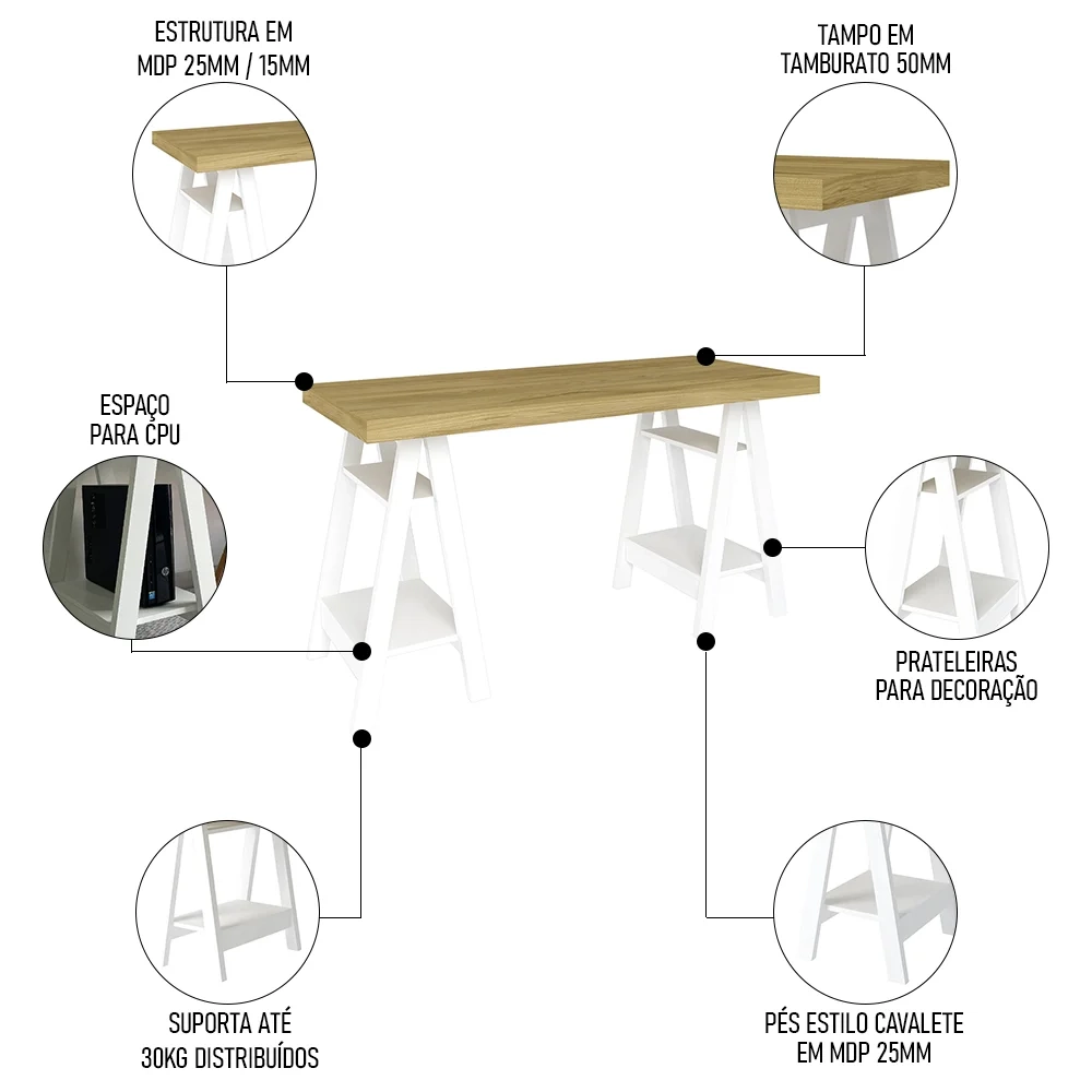 Mesa Escrivaninha 135cm Pés Cavalete Darte A06 Olmo/Branco - Mpozenato