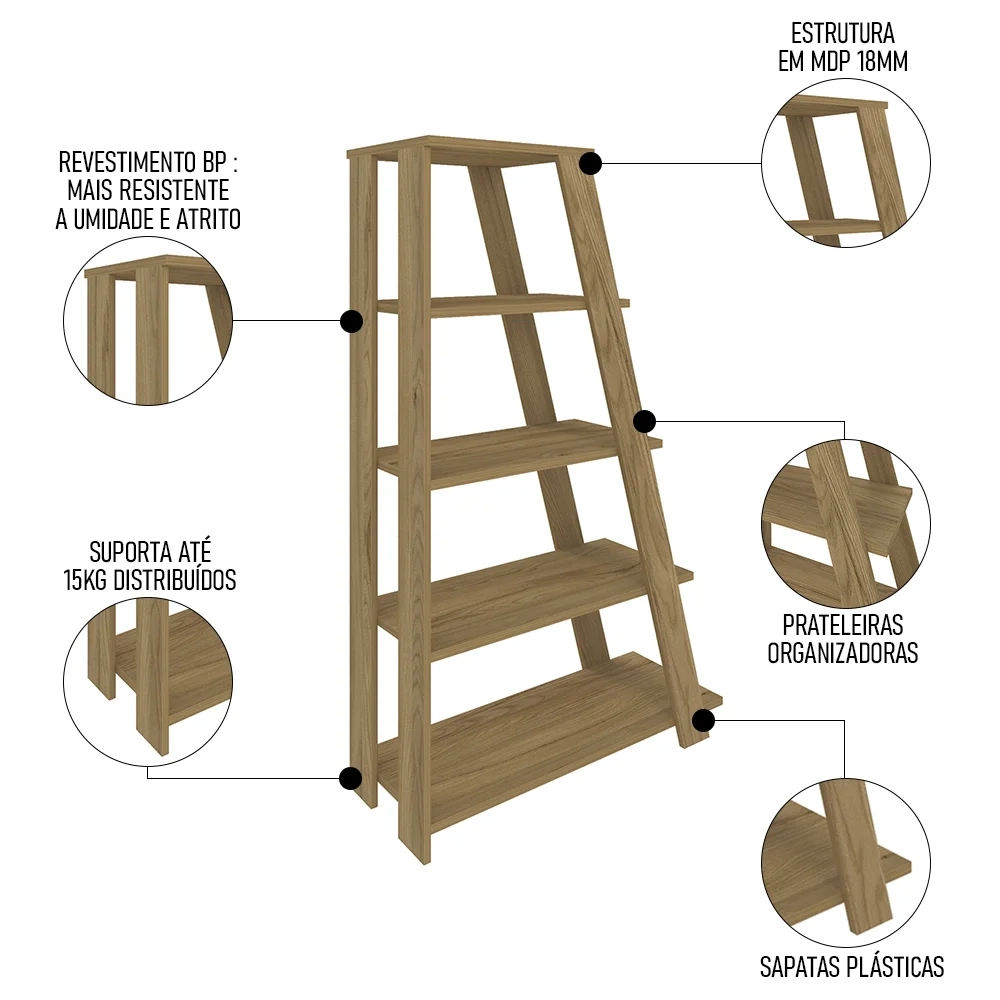 Estante Escada Multiuso Decorativa 5 Prateleiras Stela A06 Olmo - Mpozenato 