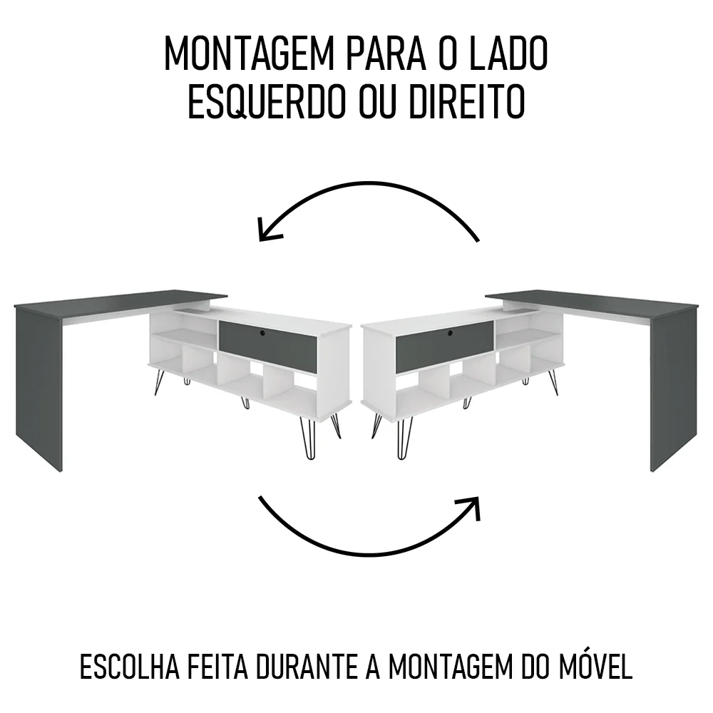 Mesa Escrivaninha em L Estilo Industrial Dhabi A06 Branco/Grafito - Mpozenato