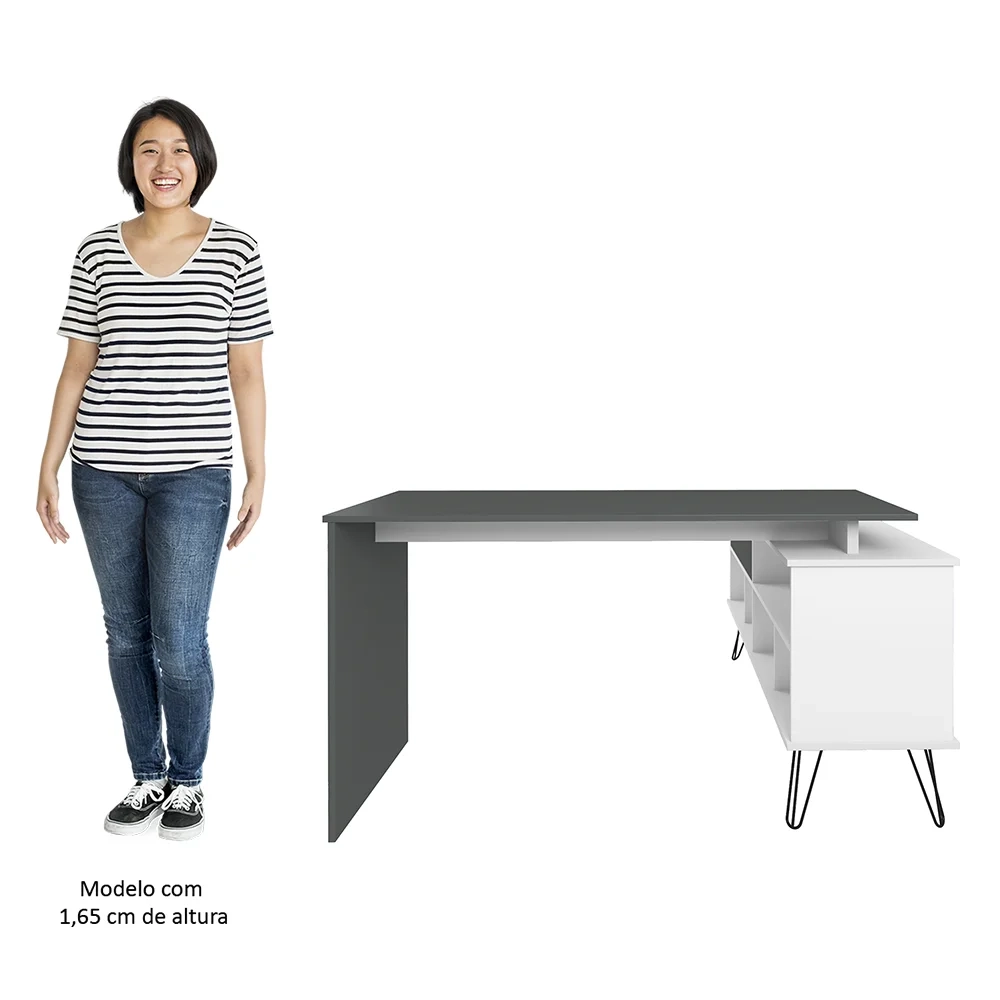 Mesa Escrivaninha em L Estilo Industrial Dhabi A06 Branco/Grafito - Mpozenato