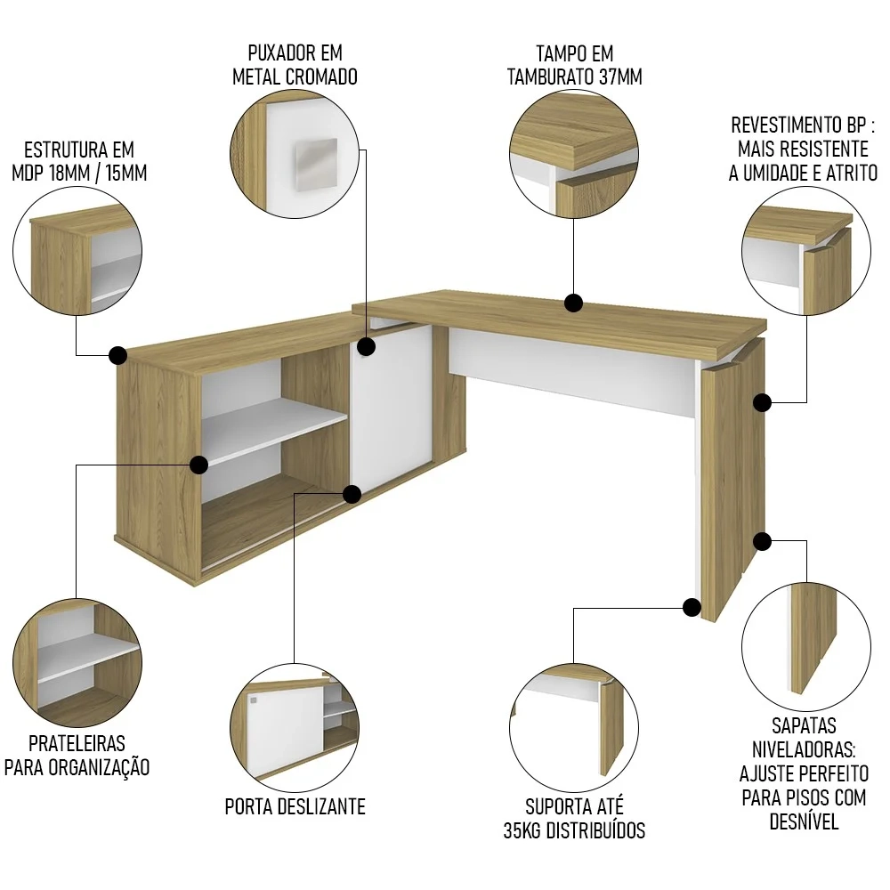 Mesa Escrivaninha em L 135x168cm 1 Porta Sharp A06 Olmo/Branco - Mpozenato