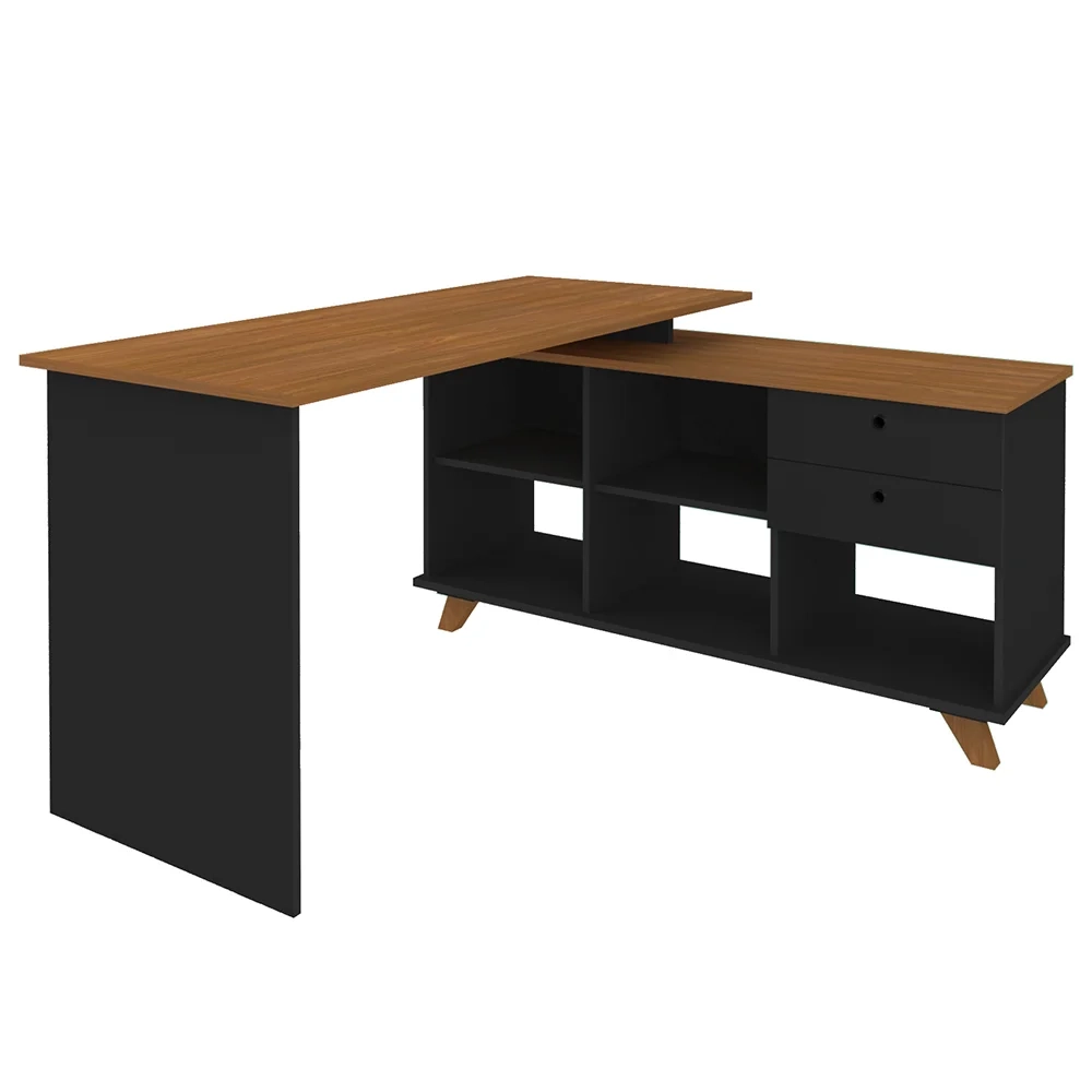 Mesa Escrivaninha em L 2 Gavetas e Nichos Golden A06 Freijó/Preto - Mpozenato
