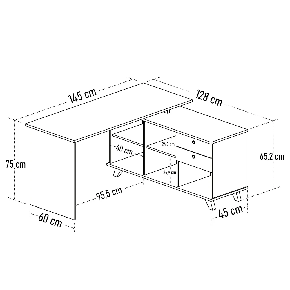 Mesa Escrivaninha em L 2 Gavetas e Nichos Golden A06 Freijó/Preto - Mpozenato