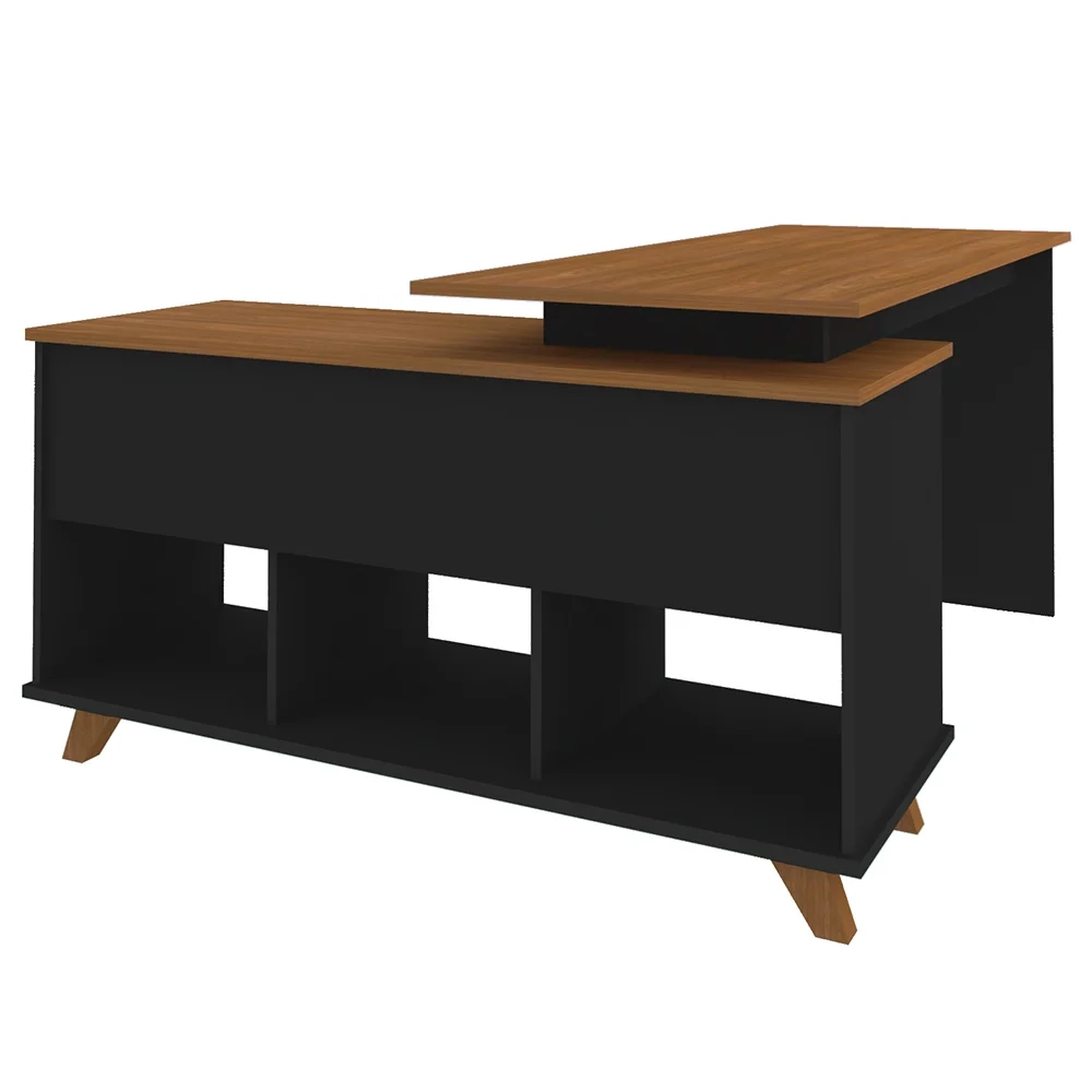 Mesa Escrivaninha em L 2 Gavetas e Nichos Golden A06 Freijó/Preto - Mpozenato
