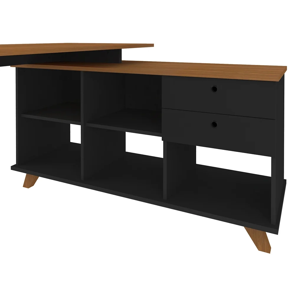 Mesa Escrivaninha em L 2 Gavetas e Nichos Golden A06 Freijó/Preto - Mpozenato