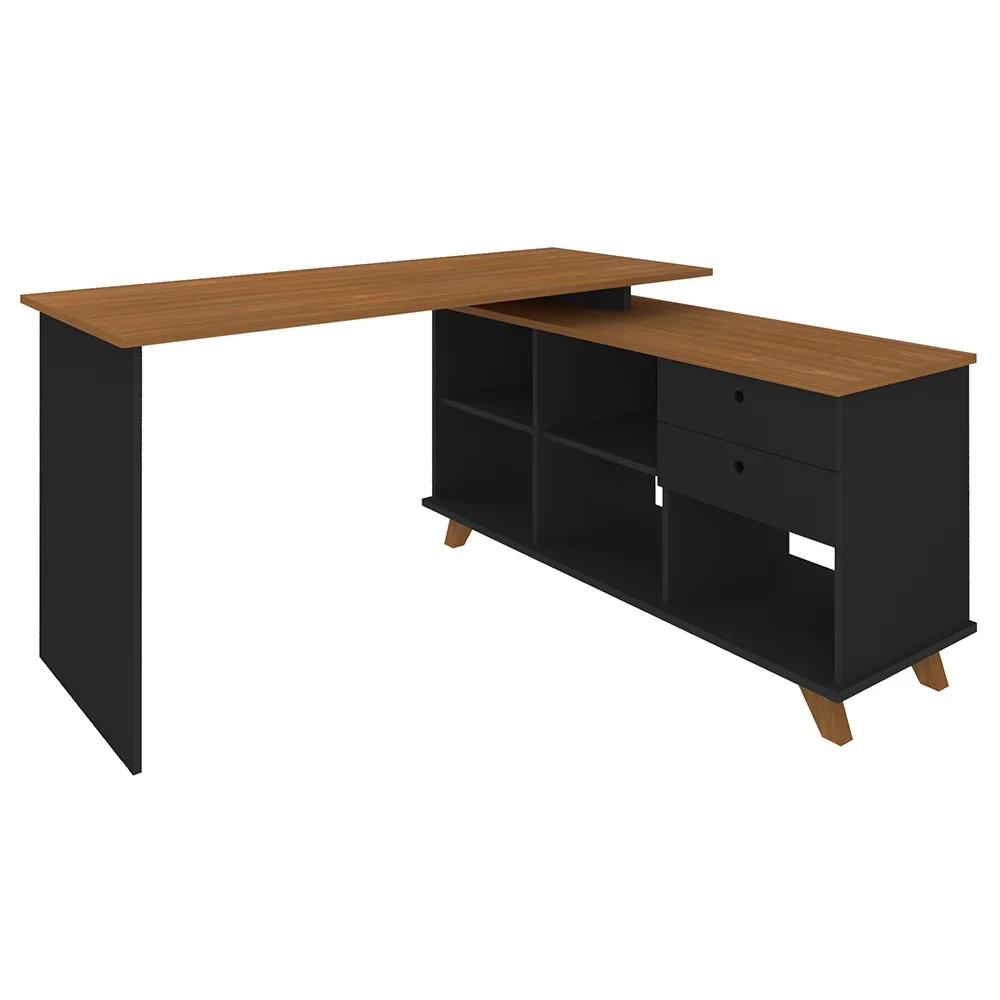Mesa Escrivaninha em L 2 Gavetas e Nichos Golden A06 Freijó/Preto - Mpozenato