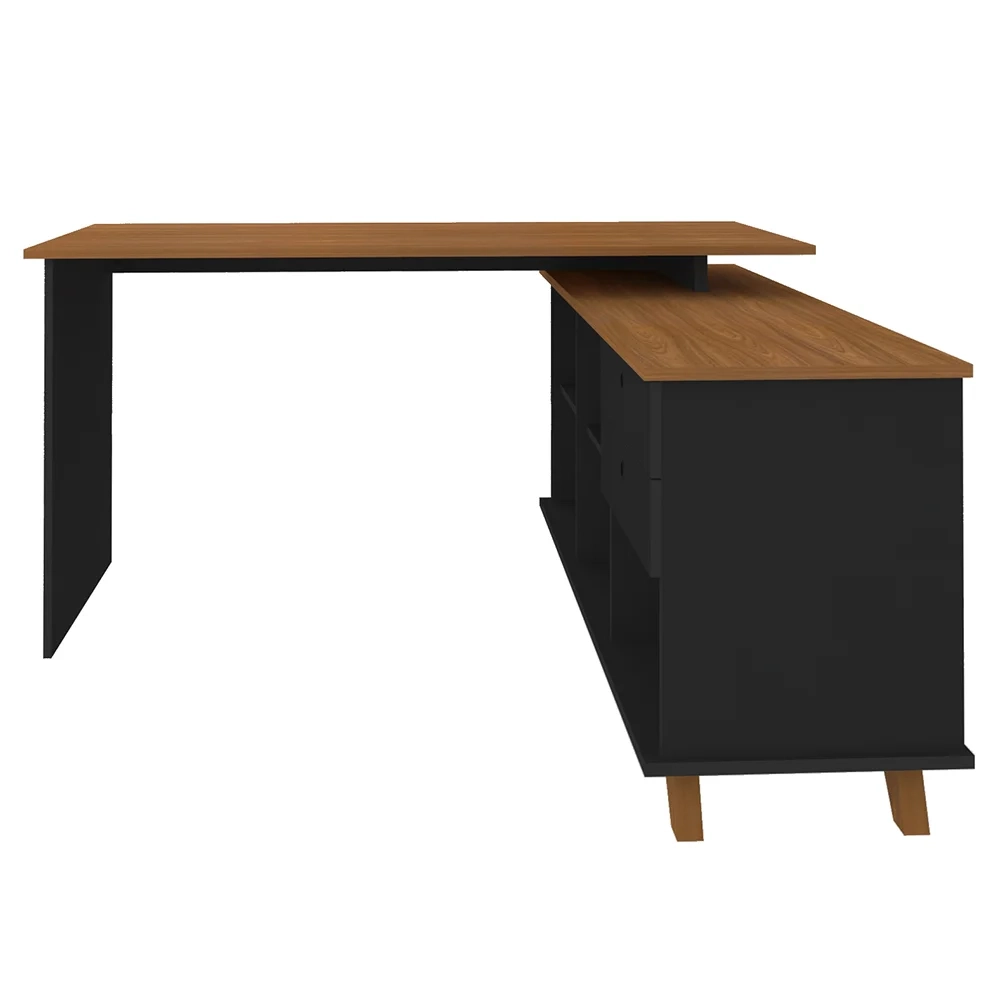 Mesa Escrivaninha em L 2 Gavetas e Nichos Golden A06 Freijó/Preto - Mpozenato