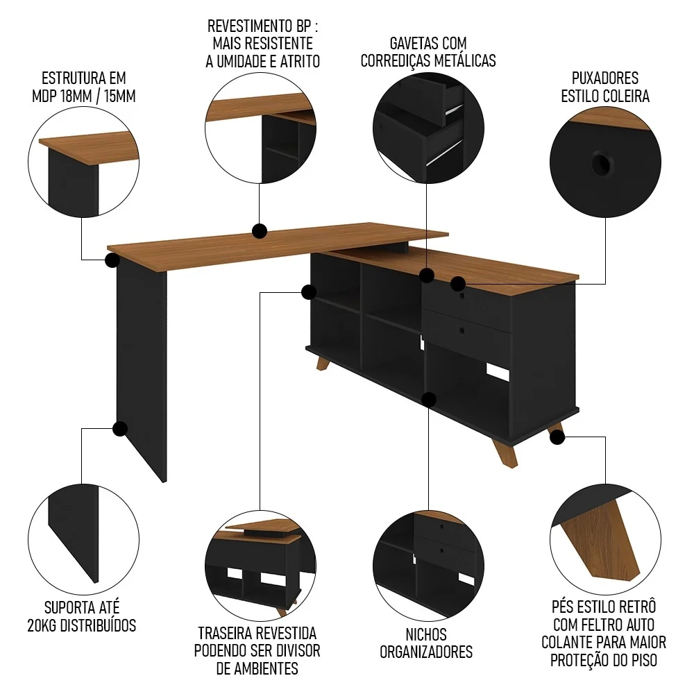 Mesa Escrivaninha em L 2 Gavetas e Nichos Golden A06 Freijó/Preto - Mpozenato