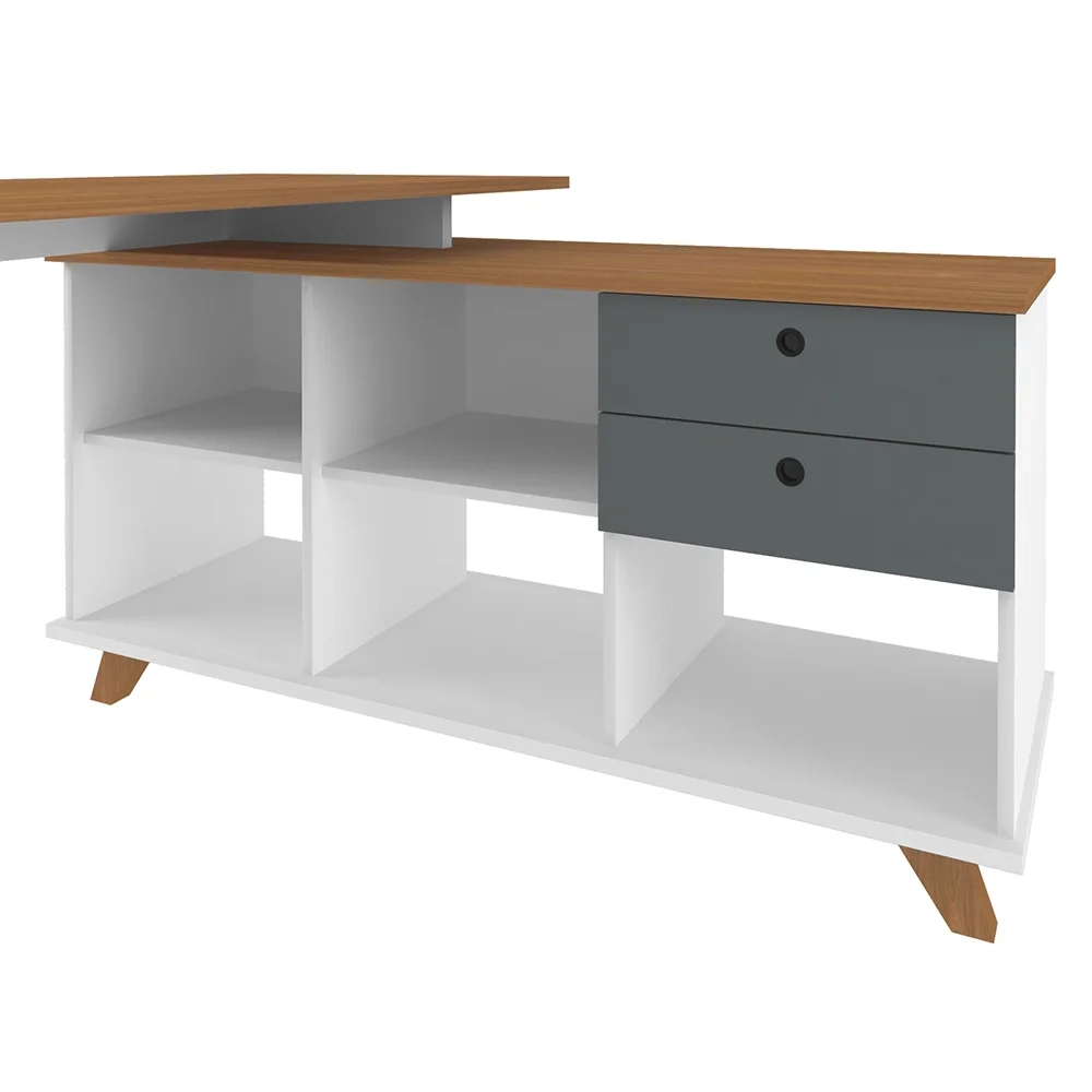 Mesa Escrivaninha em L 2 Gavetas e Nichos Golden A06 Freijó/Grafito/Branco - Mpozenato