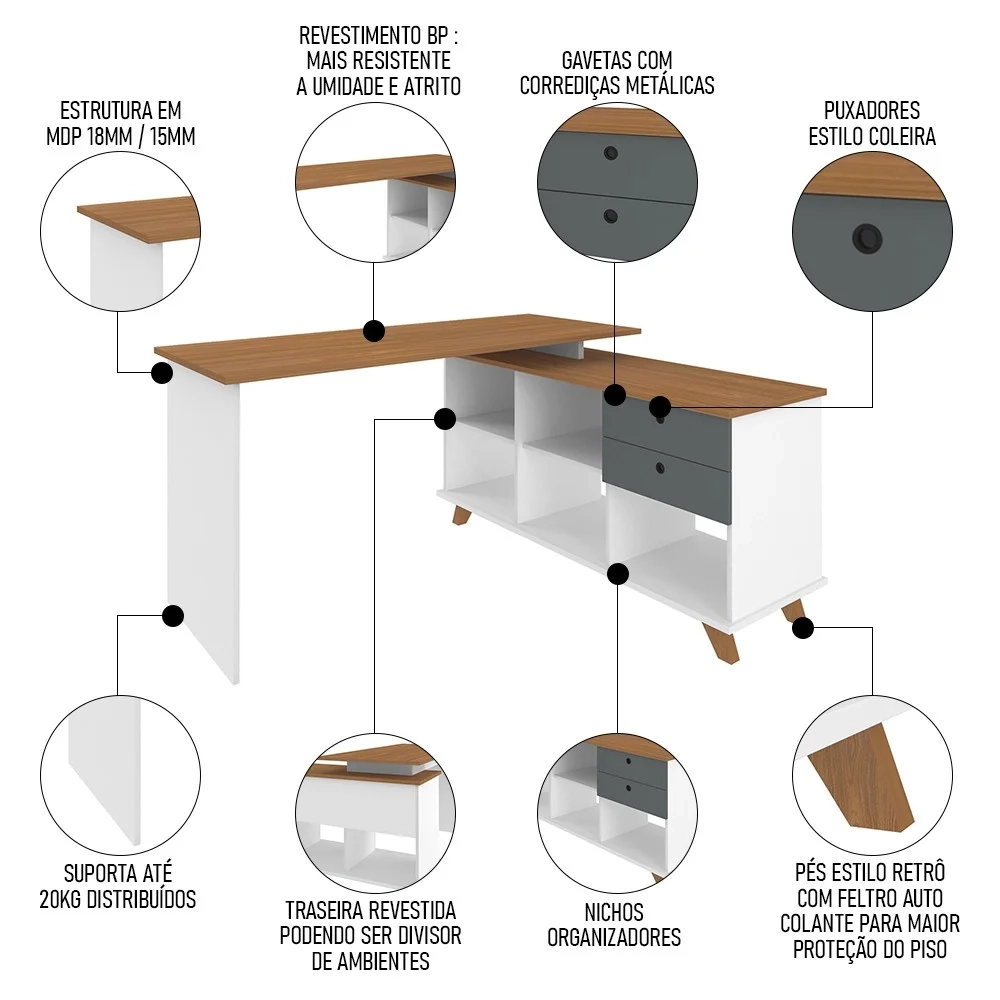 Mesa Escrivaninha em L 2 Gavetas e Nichos Golden A06 Freijó/Grafito/Branco - Mpozenato
