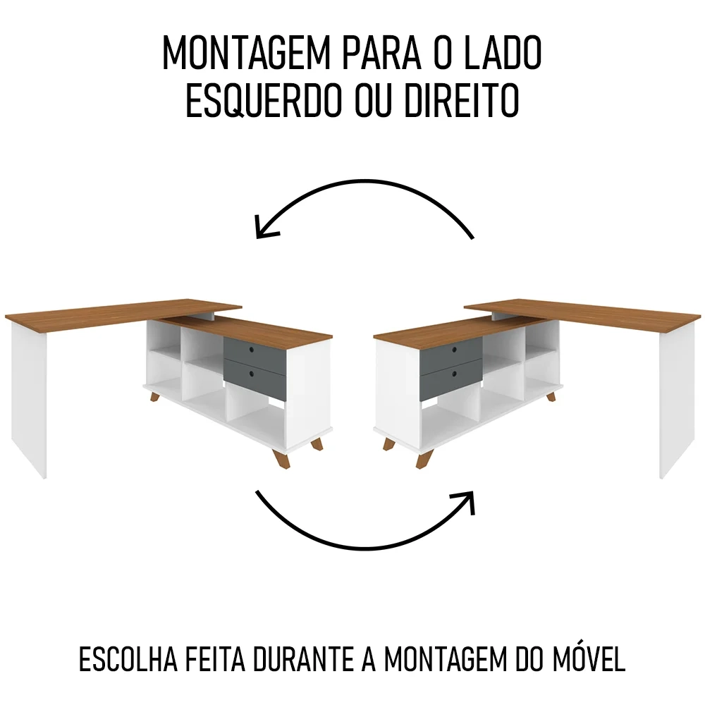 Mesa Escrivaninha em L 2 Gavetas e Nichos Golden A06 Freijó/Grafito/Branco - Mpozenato