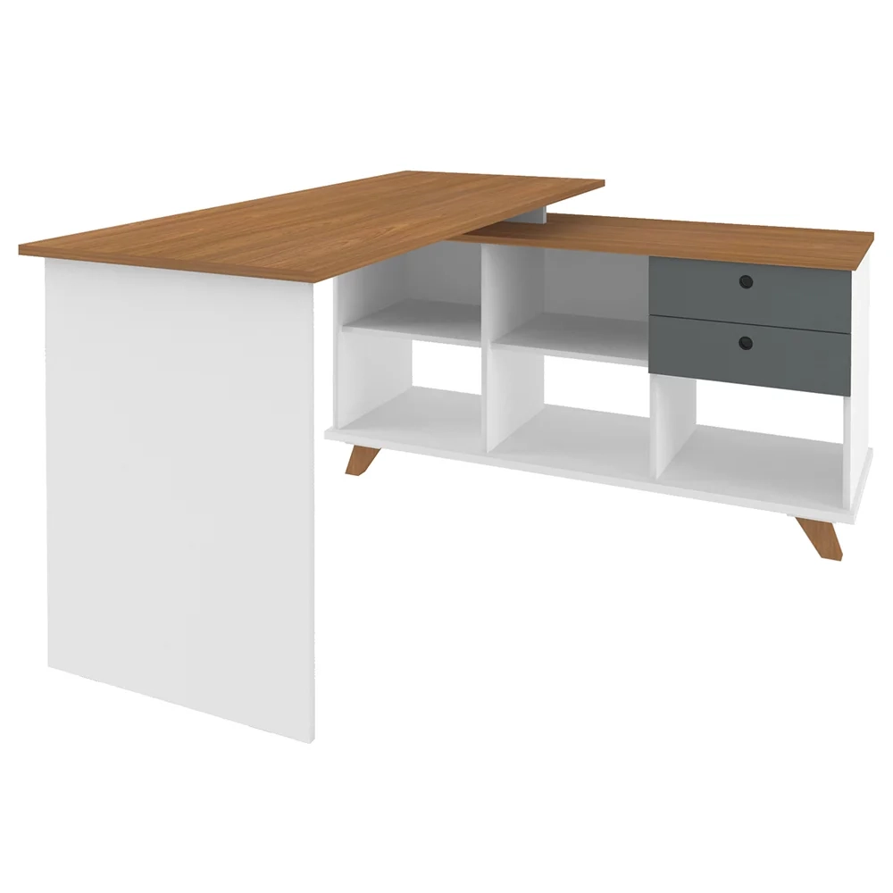 Mesa Escrivaninha em L 2 Gavetas e Nichos Golden A06 Freijó/Grafito/Branco - Mpozenato