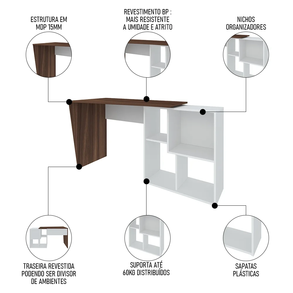 Mesa Escrivaninha 2 em 1 com Nichos Arbo A06 Ipê/Branco - Mpozenato