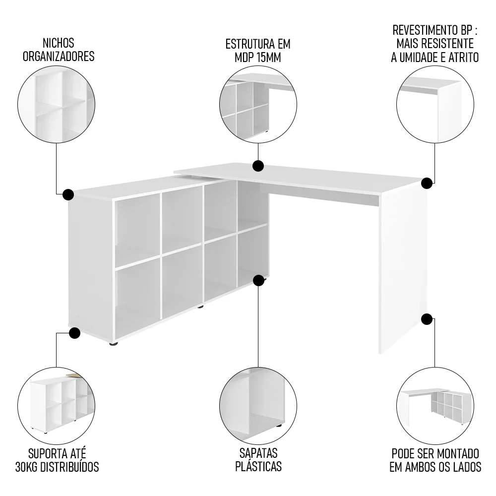 Mesa Escrivaninha em L 140x130cm 8 Nichos Eron A06 Branco - Mpozenato