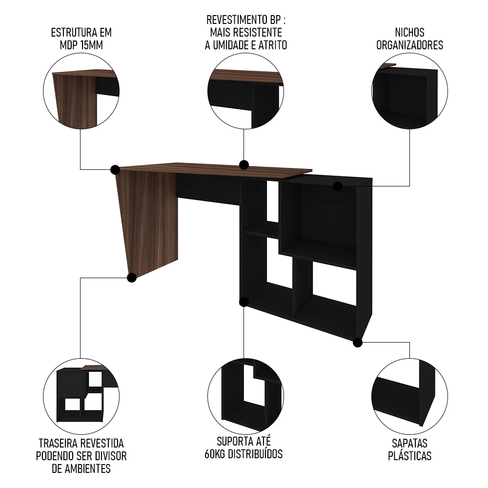 Mesa Escrivaninha 2 em 1 com Nichos Arbo A06 Ipê/Preto - Mpozenato