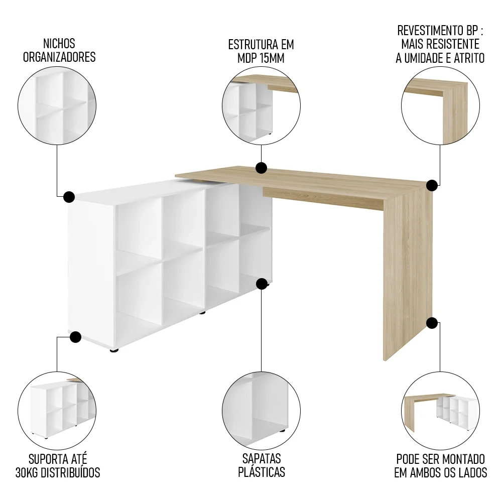 Mesa Escrivaninha em L 140x130cm 8 Nichos Eron A06 Carvalho/Branco - Mpozenato