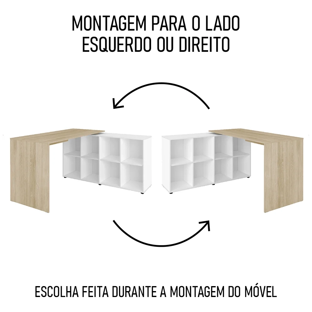 Mesa Escrivaninha em L 140x130cm 8 Nichos Eron A06 Carvalho/Branco - Mpozenato