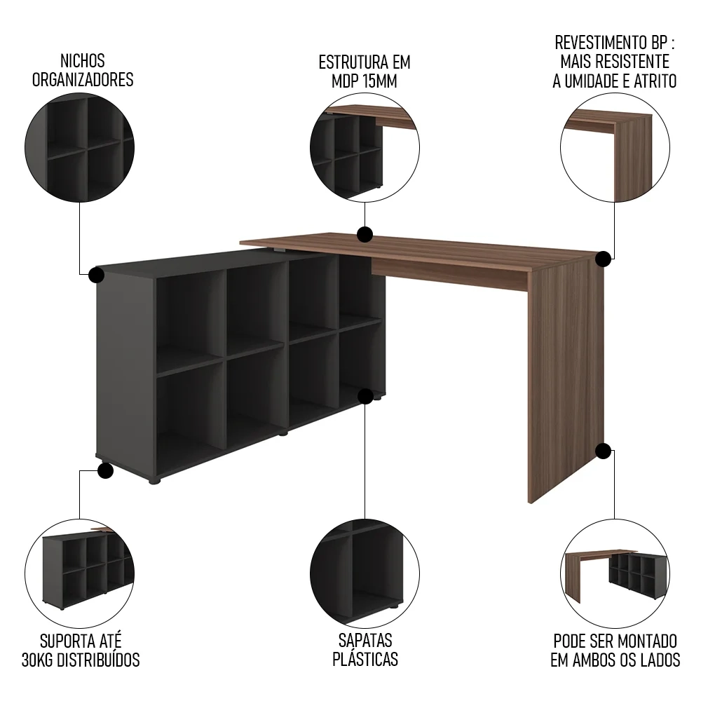 Mesa Escrivaninha em L 140x130cm 8 Nichos Eron A06 Ipê/Preto - Mpozenato