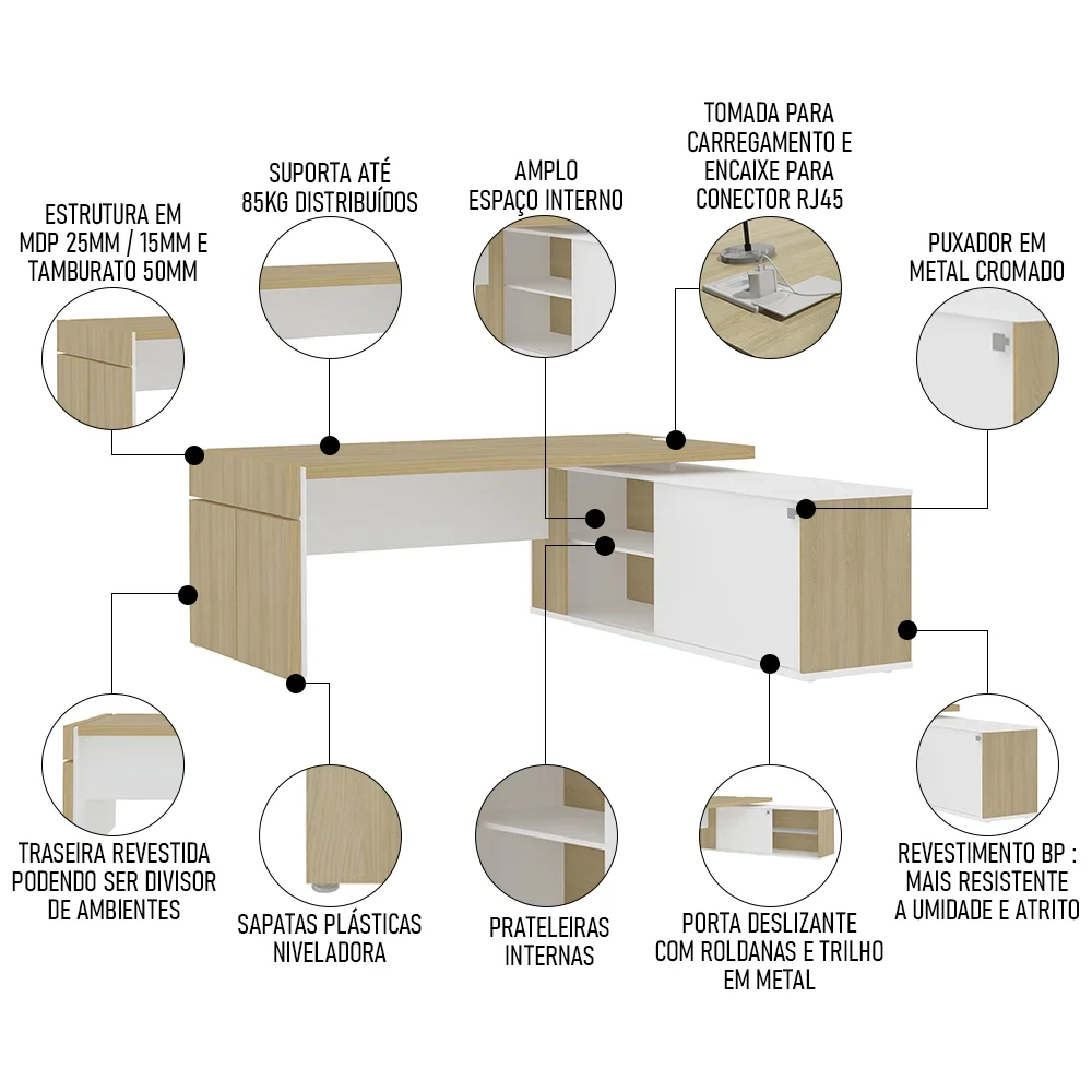 Mesa Diretor em L com Tomada 183x202cm Corp A06 Carvalho/Branco - Mpozenato