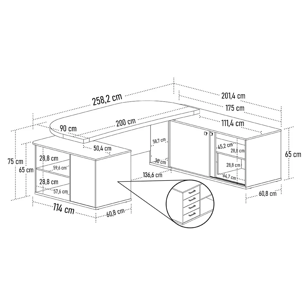 Mesa em U Presidente com Tomadas Tamburato Corp A06 Carvalho/Branco - Mpozenato