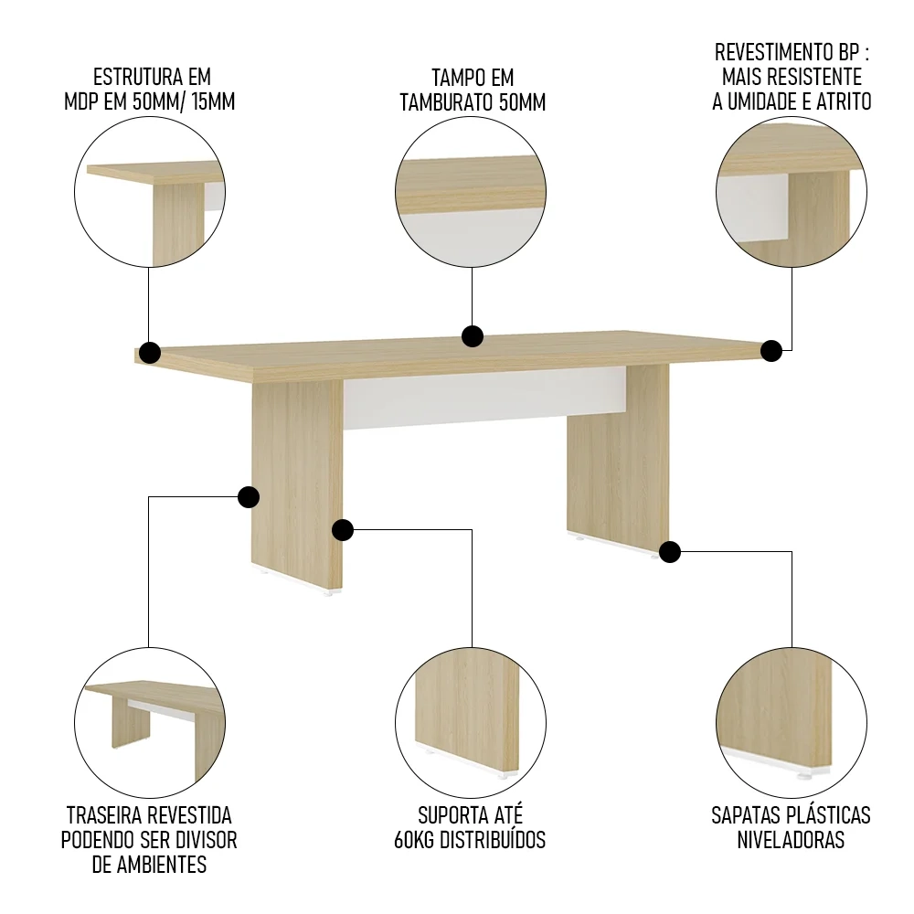 Mesa de Reunião para Escritório 204cm Tamburato Corp A06 Carvalho/Branco - Mpozenato