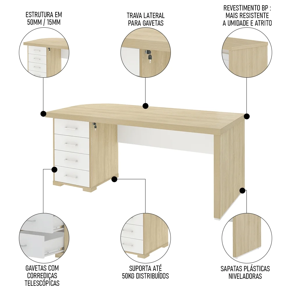 Mesa para Escritório com Gavetas Lado Esquerdo Corp A06 Carvalho/Branco - Mpozenato