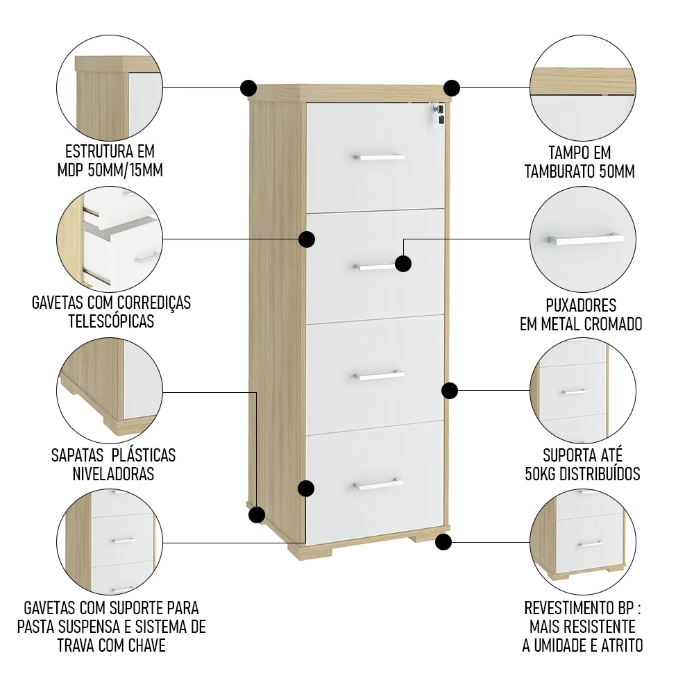 Armário Arquivo Pasta Suspensa 4 Gavetas Corp A06 Carvalho/Branco - Mpozenato