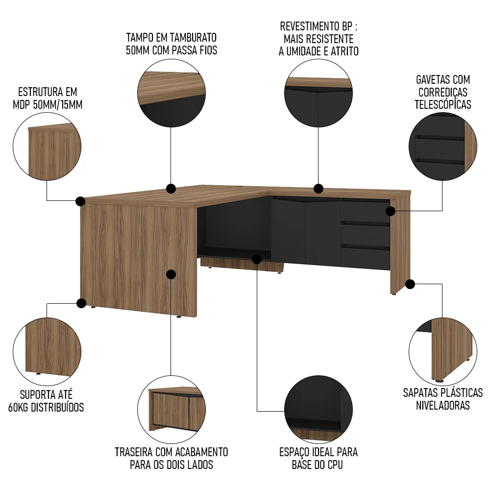 Mesa para Escritório em L 180x190cm Tamburato Corp A06 Nogal/Preto - Mpozenato