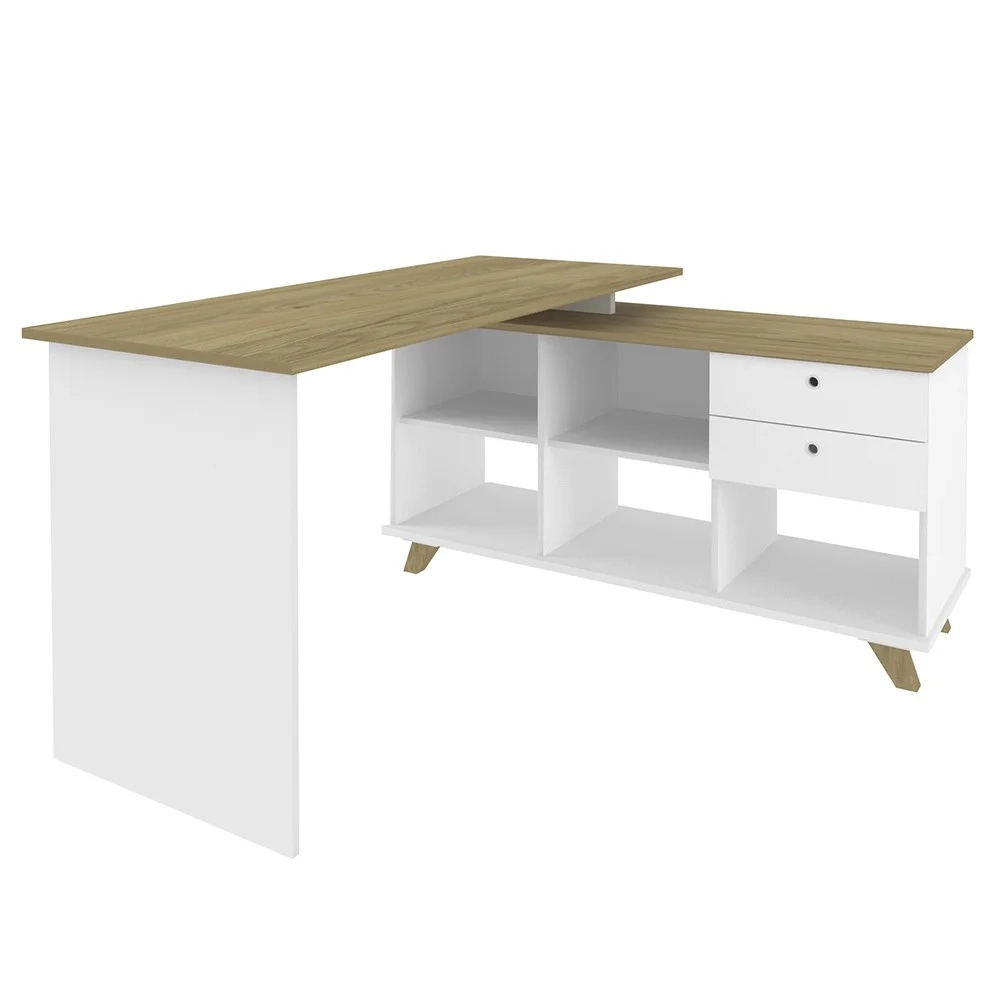 Mesa Escrivaninha em L Golden e Gaveteiro 2 Gavetas May A06 Olmo/Branco - Mpozenato