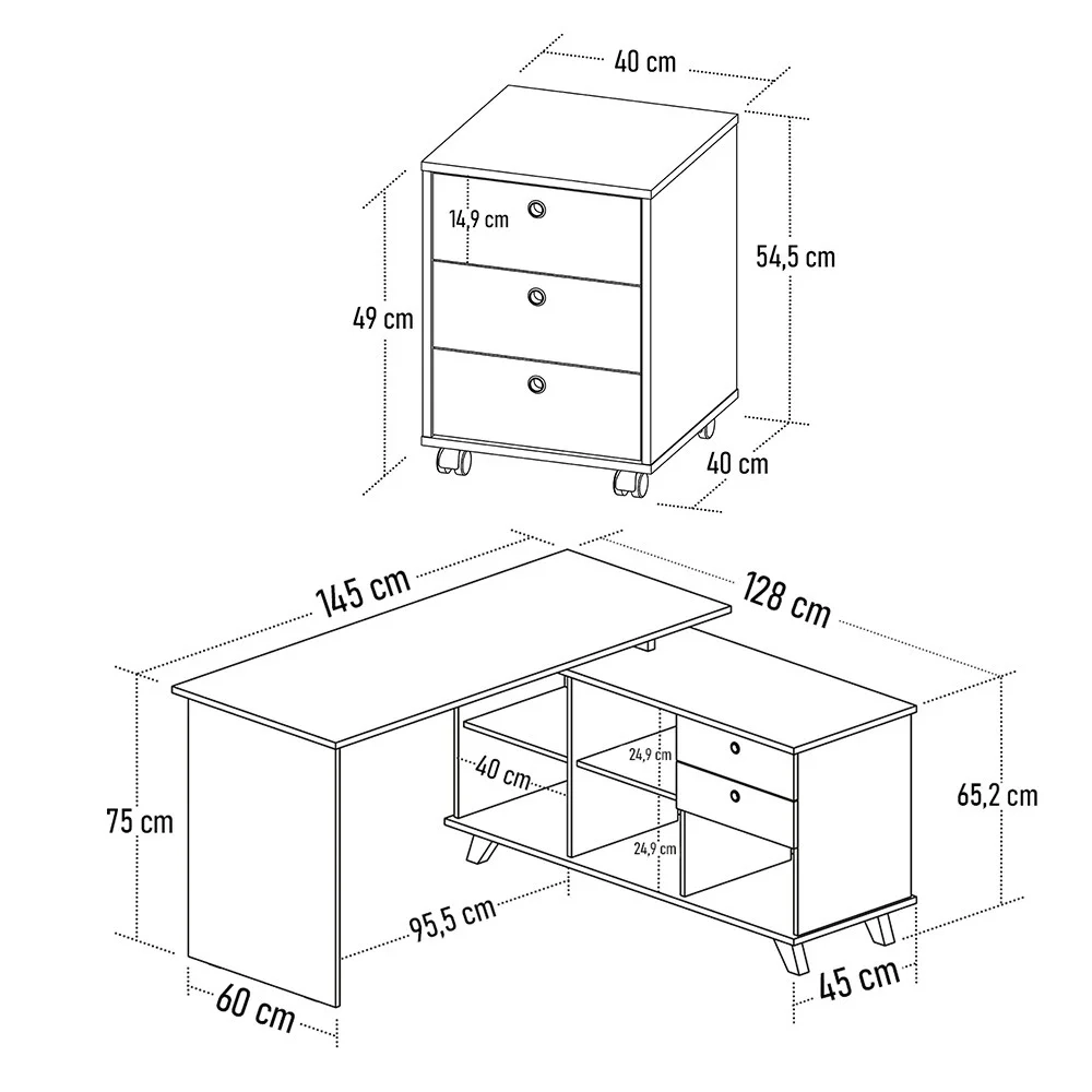 Mesa Escrivaninha em L Golden e Gaveteiro 2 Gavetas May A06 Olmo/Branco - Mpozenato