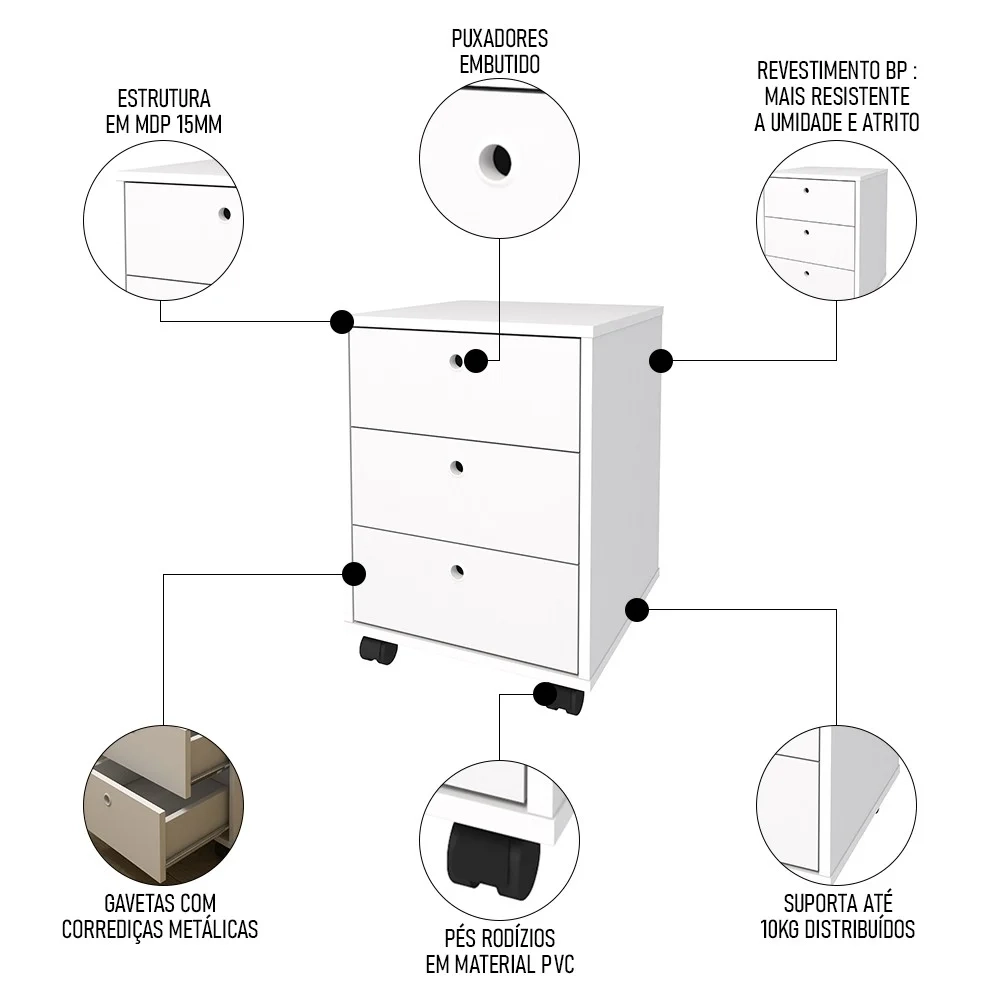 Mesa Escrivaninha em L Golden e Gaveteiro 3 Gavetas Nil A06 Branco - Mpozenato