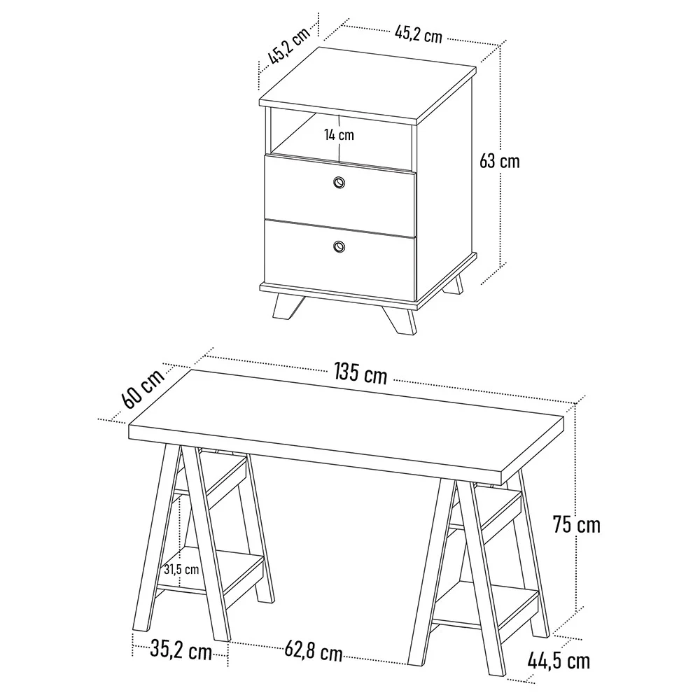 Mesa Escrivaninha Cavalete 135cm e Gaveteiro 2 Gavetas May A06 Olmo/Branco - Mpozenato