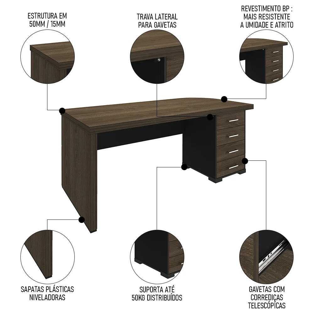 Mesa para Escritório 4 Gavetas Lado Direito e Mesa Auxiliar Corp A06 Charuto/Preto - Mpozenato