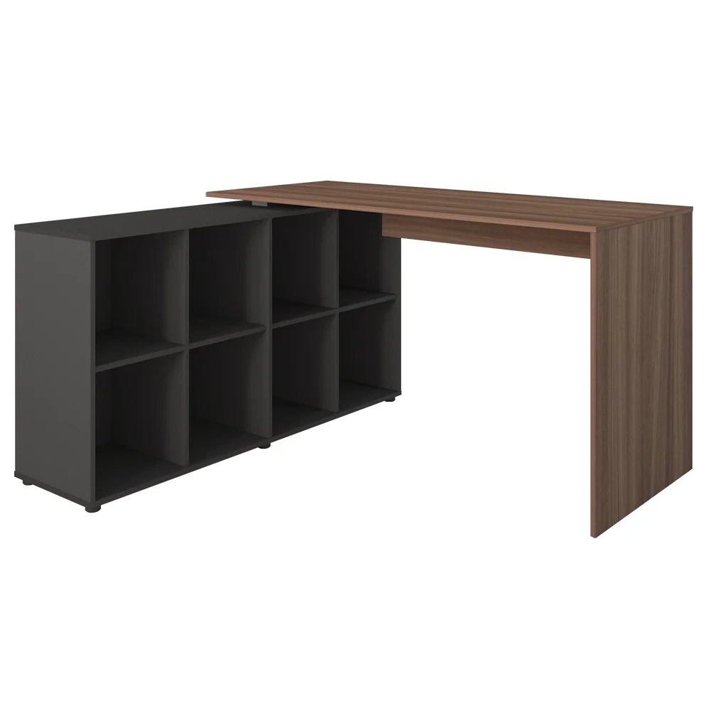 Mesa Escrivaninha em L Eron e Estante Livreiro Maly A06 Ipê/Preto - Mpozenato 