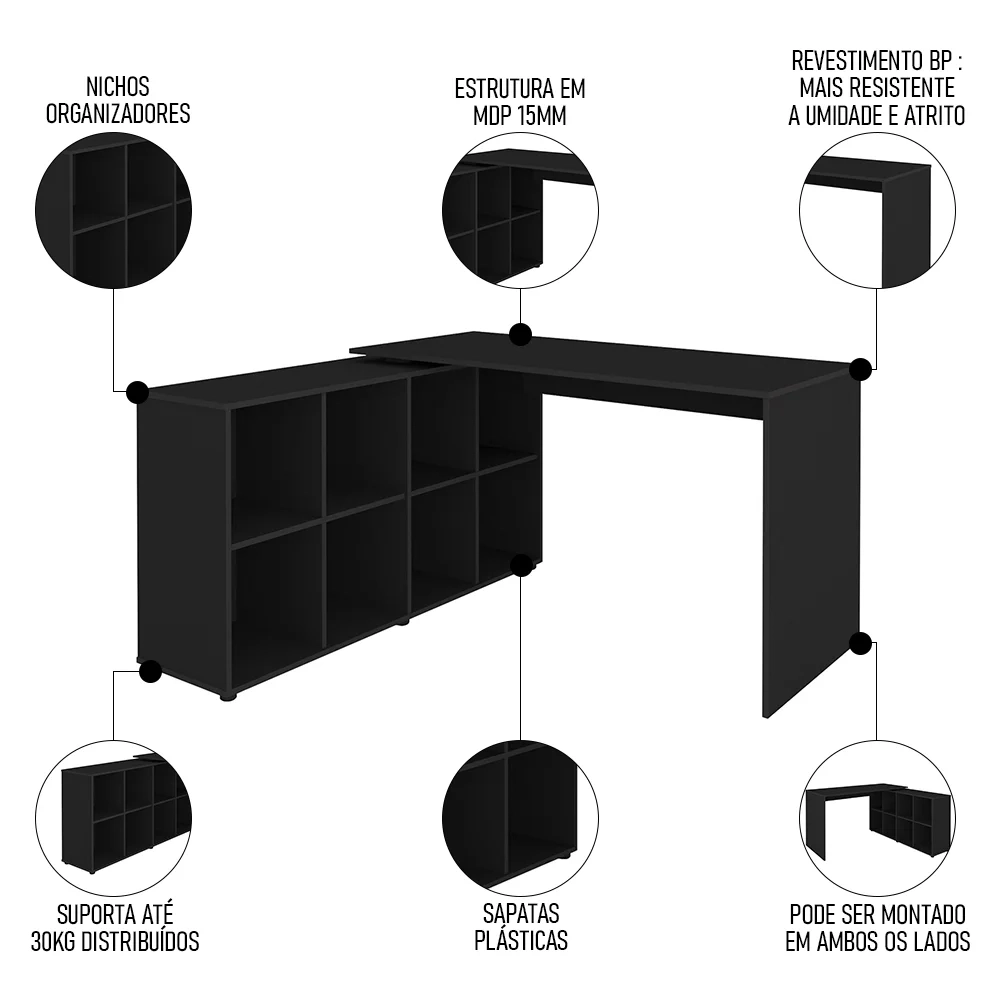 Mesa Escrivaninha em L Eron e Estante Livreiro Maly A06 Preto - Mpozenato 