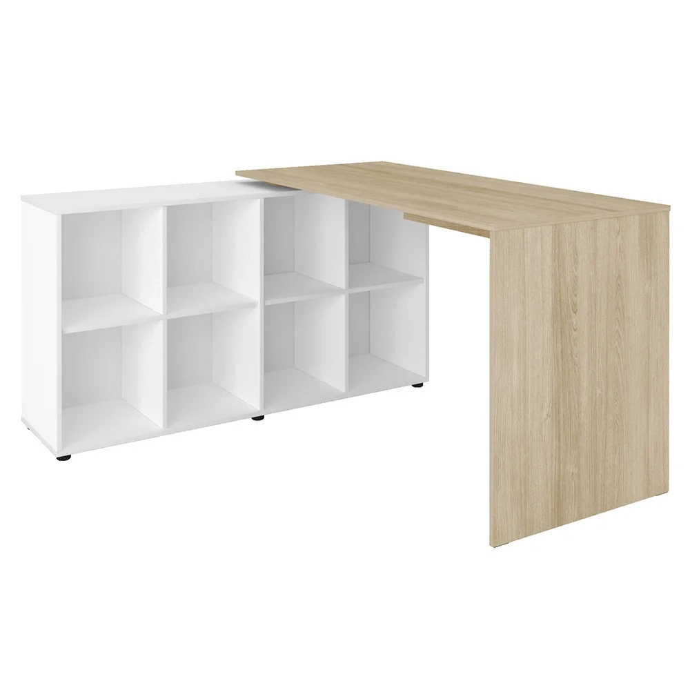 Mesa Escrivaninha em L Eron e Estante Livreiro Maly A06 Branco/Carvalho - Mpozenato 