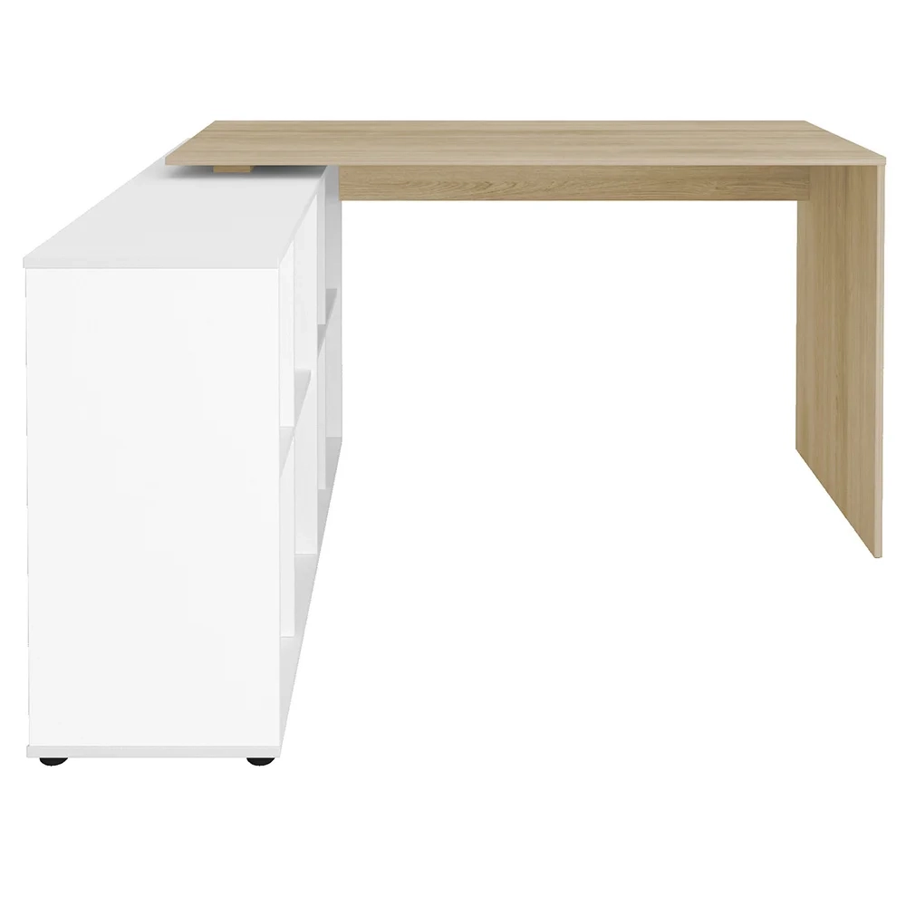 Mesa Escrivaninha em L Eron e Estante Livreiro Maly A06 Branco/Carvalho - Mpozenato 