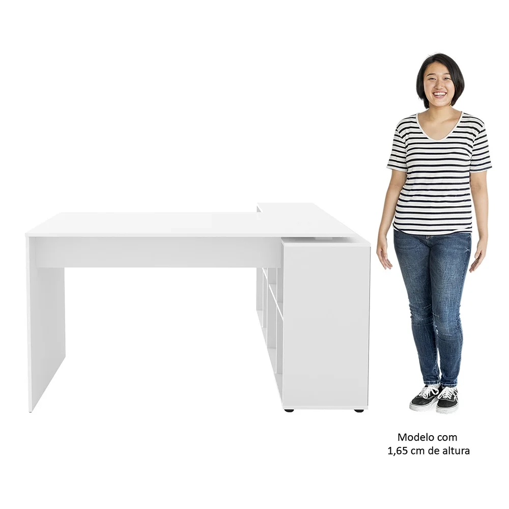 Mesa Escrivaninha em L Eron e Estante Livreiro Maly A06 Branco - Mpozenato 