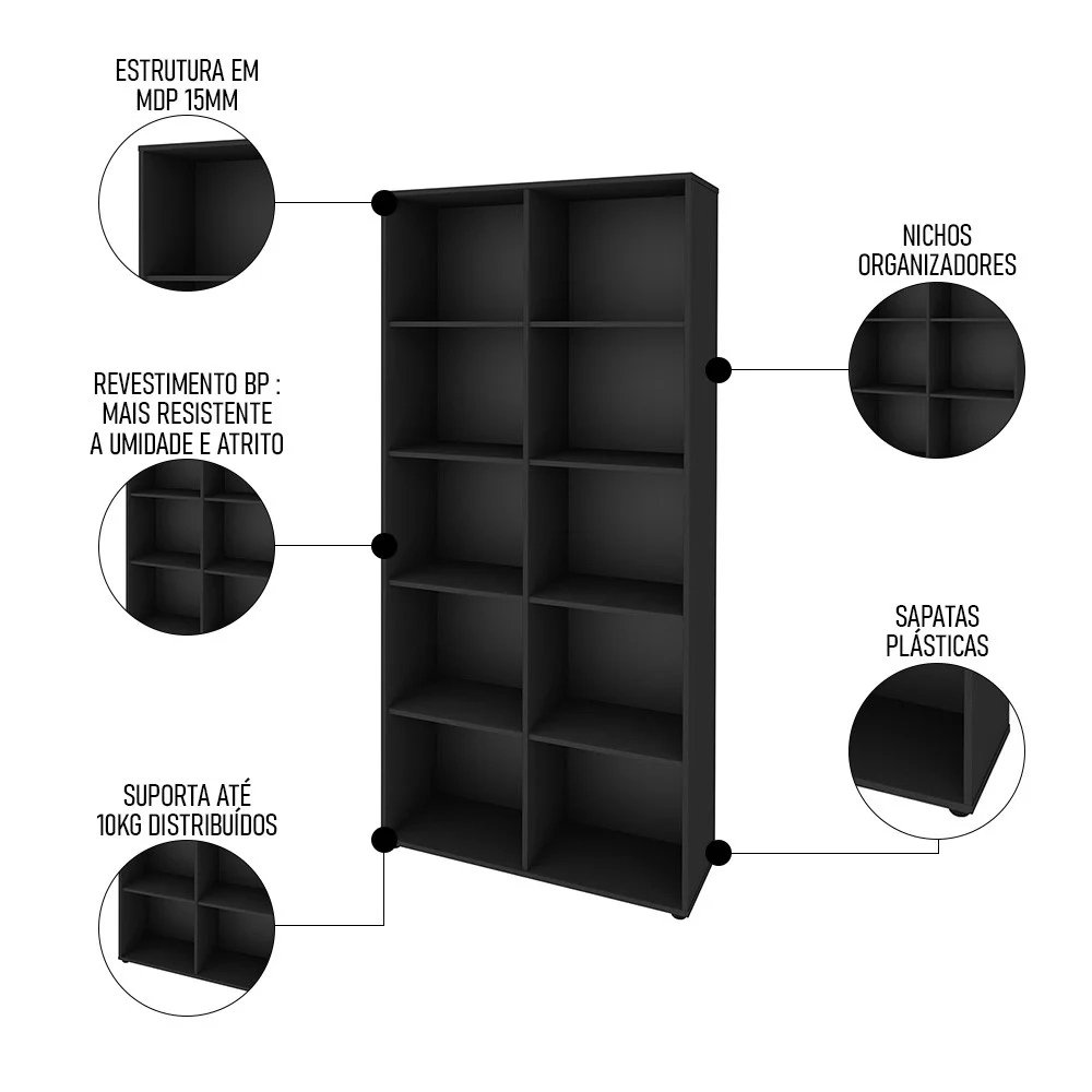 Mesa Escrivaninha em L Eron e Estante Livreiro 90x187cm Lean A06 Preto - Mpozenato 